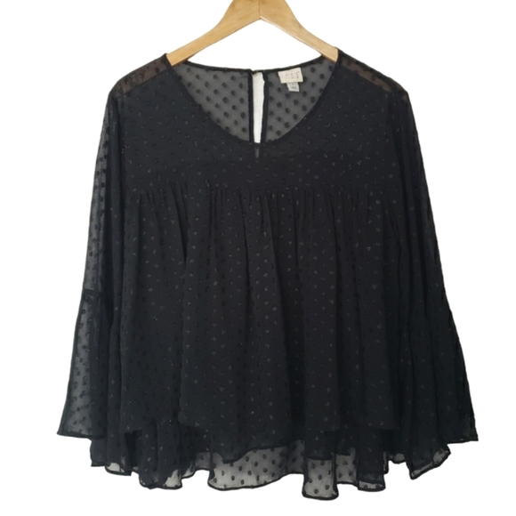 a new day Tops - a new day Black Peasant Top Semi Sheer Blouse Size L Sparkly Swiss Dot Polka Dot